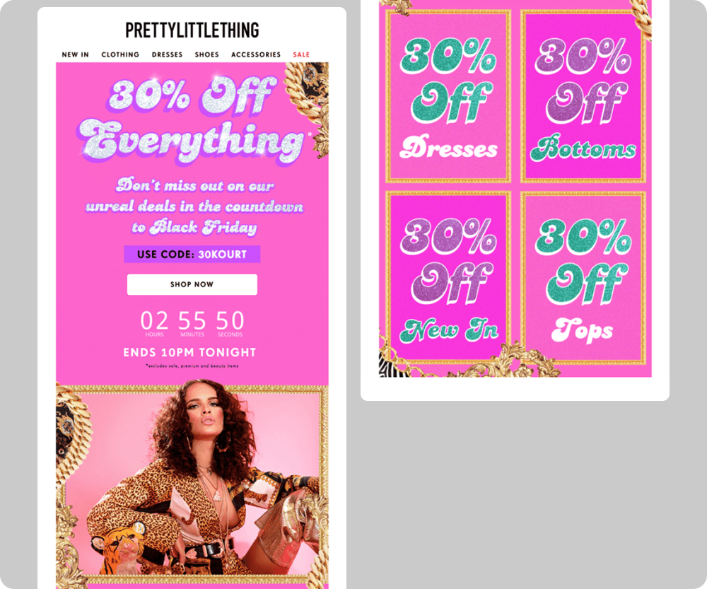 Яркие цвета в рассылке к Чёрной пятнице от PrettyLittleThing